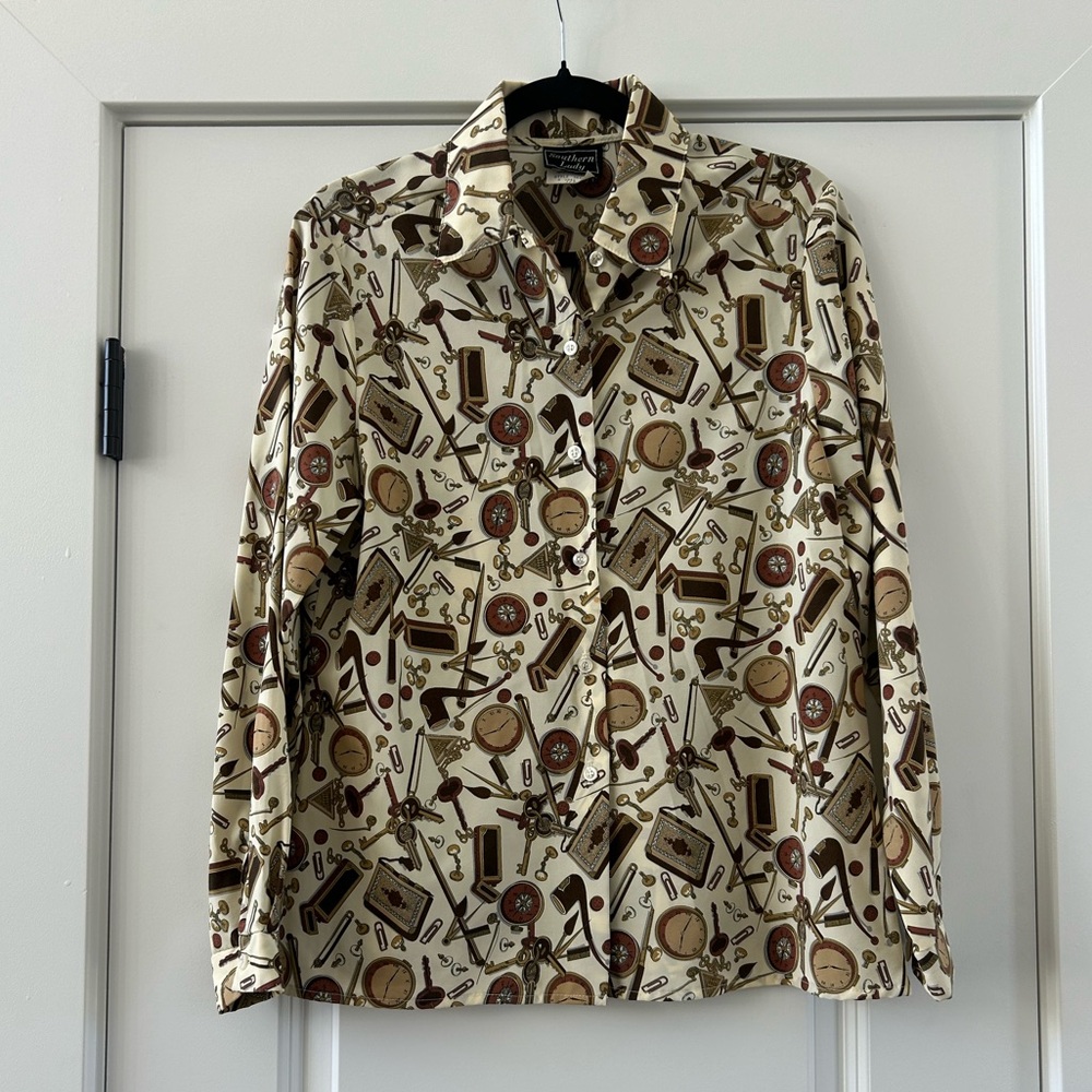 Southern Lady 1970s Blouse with Vintage Accessories Print- 70s Blouse